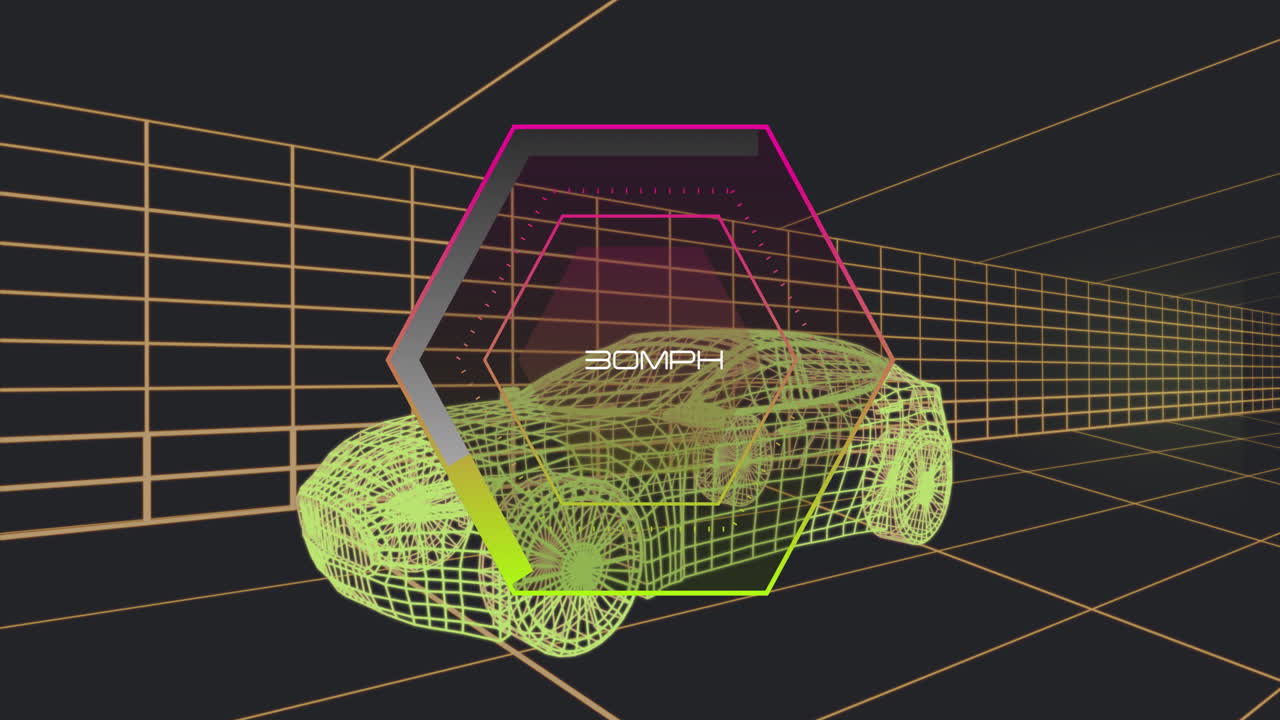 Animation of wireframe car with 30 MPH text over digital grid background