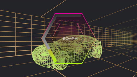 Animation of wireframe car with 30 MPH text over digital grid background