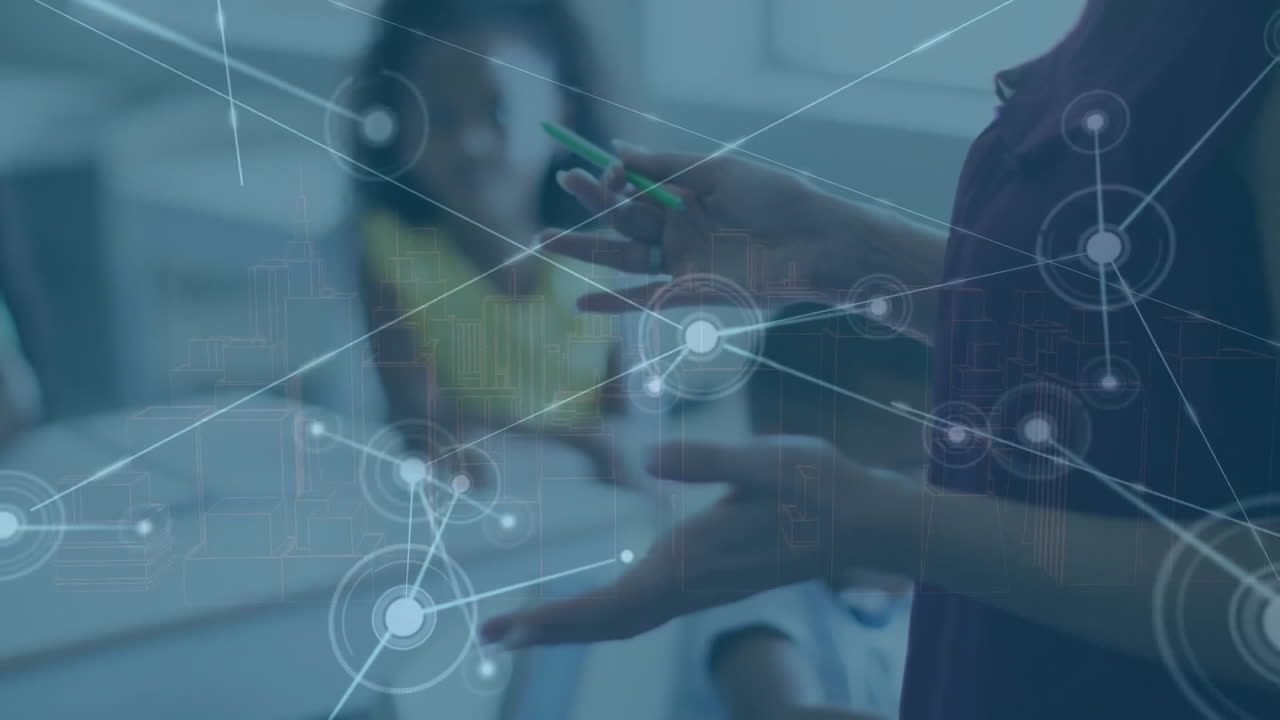 Animation of communication network over diverse female teacher addressing children in class