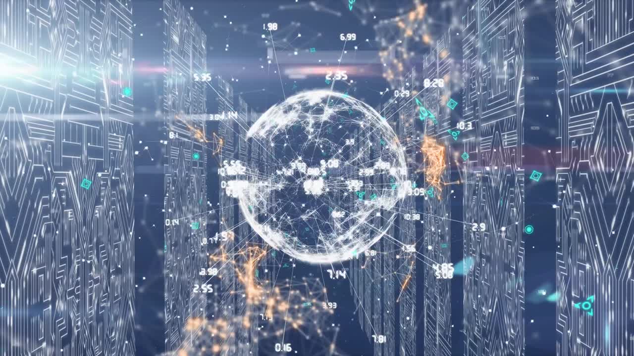 Animation of globe spinning with data processing and digital information flowing through network of