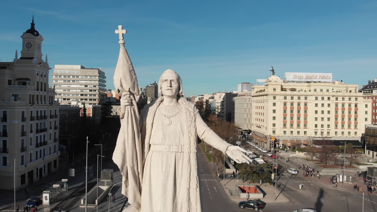Madrid colon square, Monument to Christopher Columbus, 4k at 24fps with a closeup to the monument in a afternoon with blue skies.
