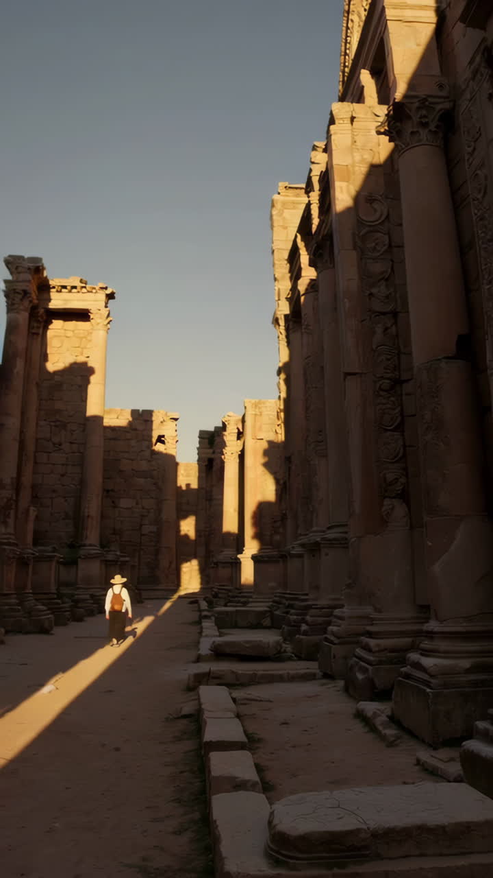 Traveler Exploring Ancient Ruins at Sunset