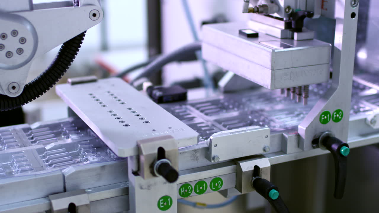 Pharmaceutical manufacturing line. Medical ampoule on production line at factory