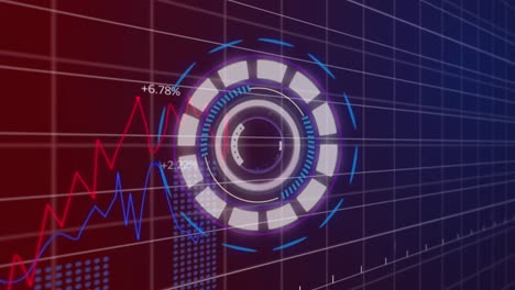 Animación-Del-Escáner-Redondo-De-Neón-Y-Procesamiento-De-Datos-Estadísticos-Sobre-Fondo-Degradado-Púrpura