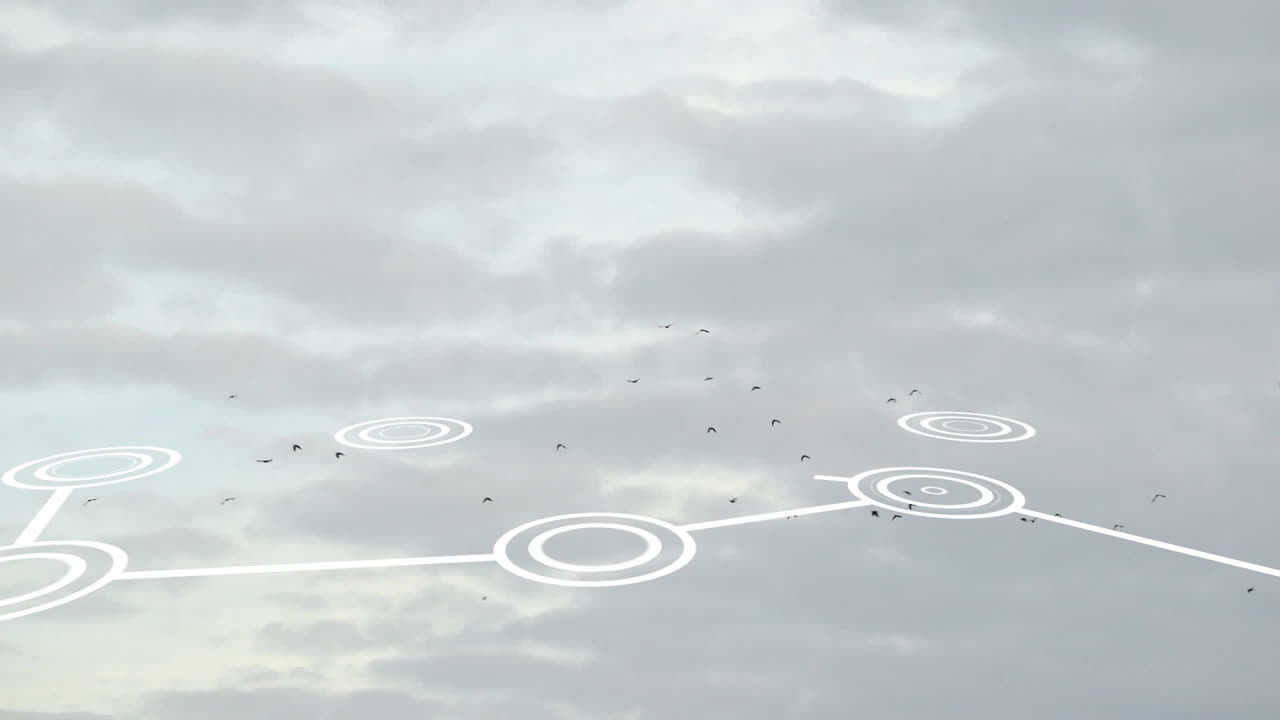 Animazione di una rete di connessioni con icone su cielo.