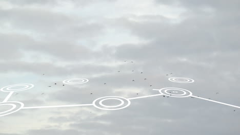 animation of network of connections with icons over sky