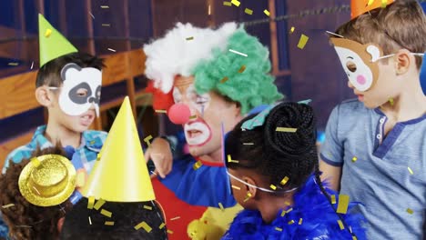 animation of confetti falling over diverse children and clown at birthday party