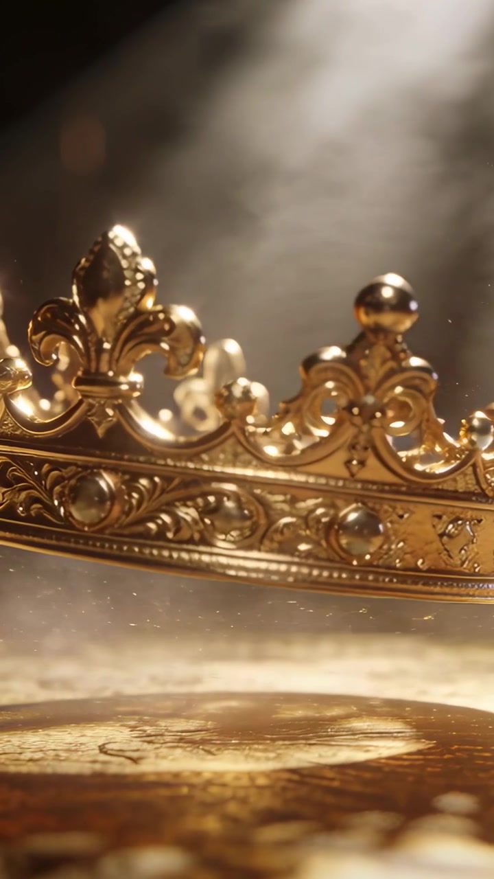 Video verticale: Riflettore che si sposta, corona d'oro ornata che ruota su un tavolo a specchio, rivelando la filigrana.