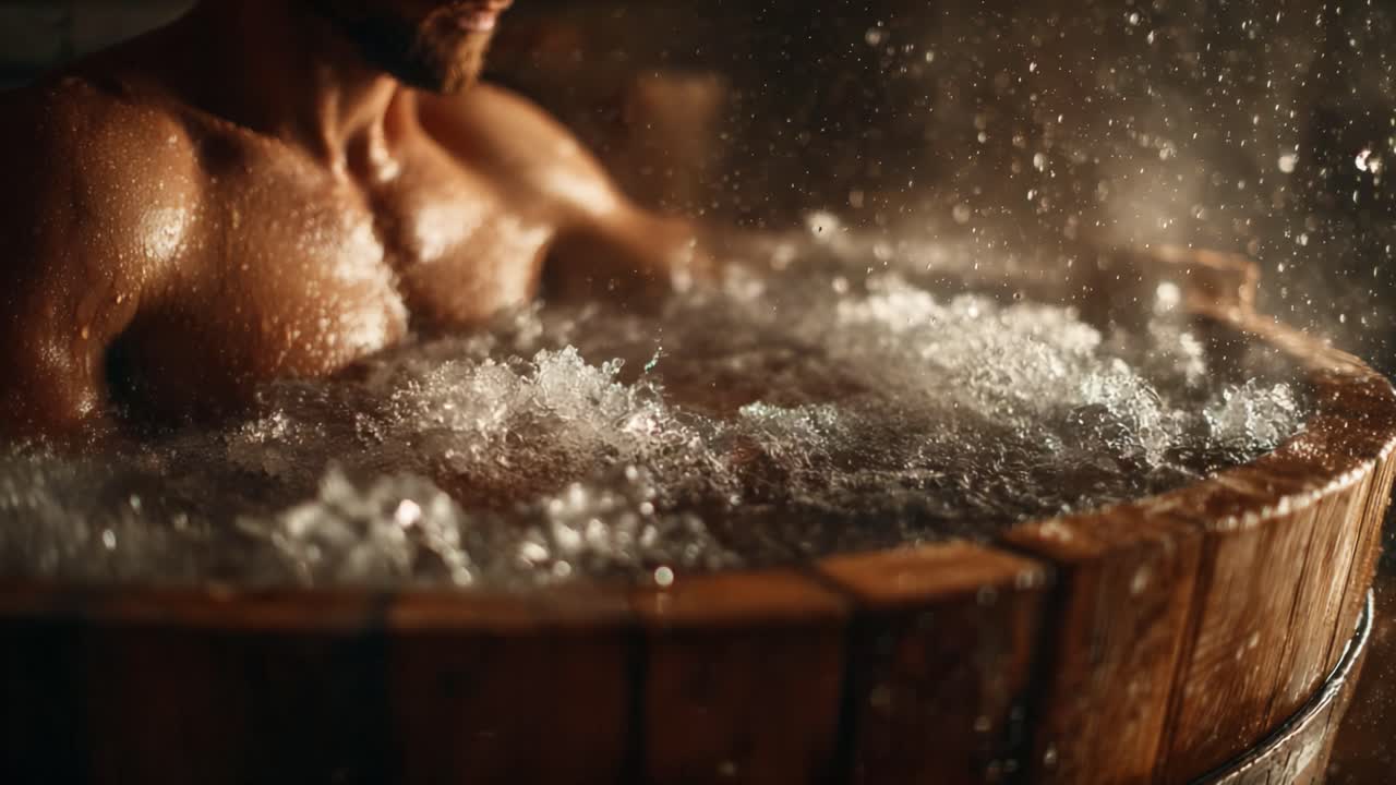 A Serene Retreat: A Man Enjoys a Soothing Experience in a Wooden Bathtub Surrounded by Bubbling Water and Soft Steam