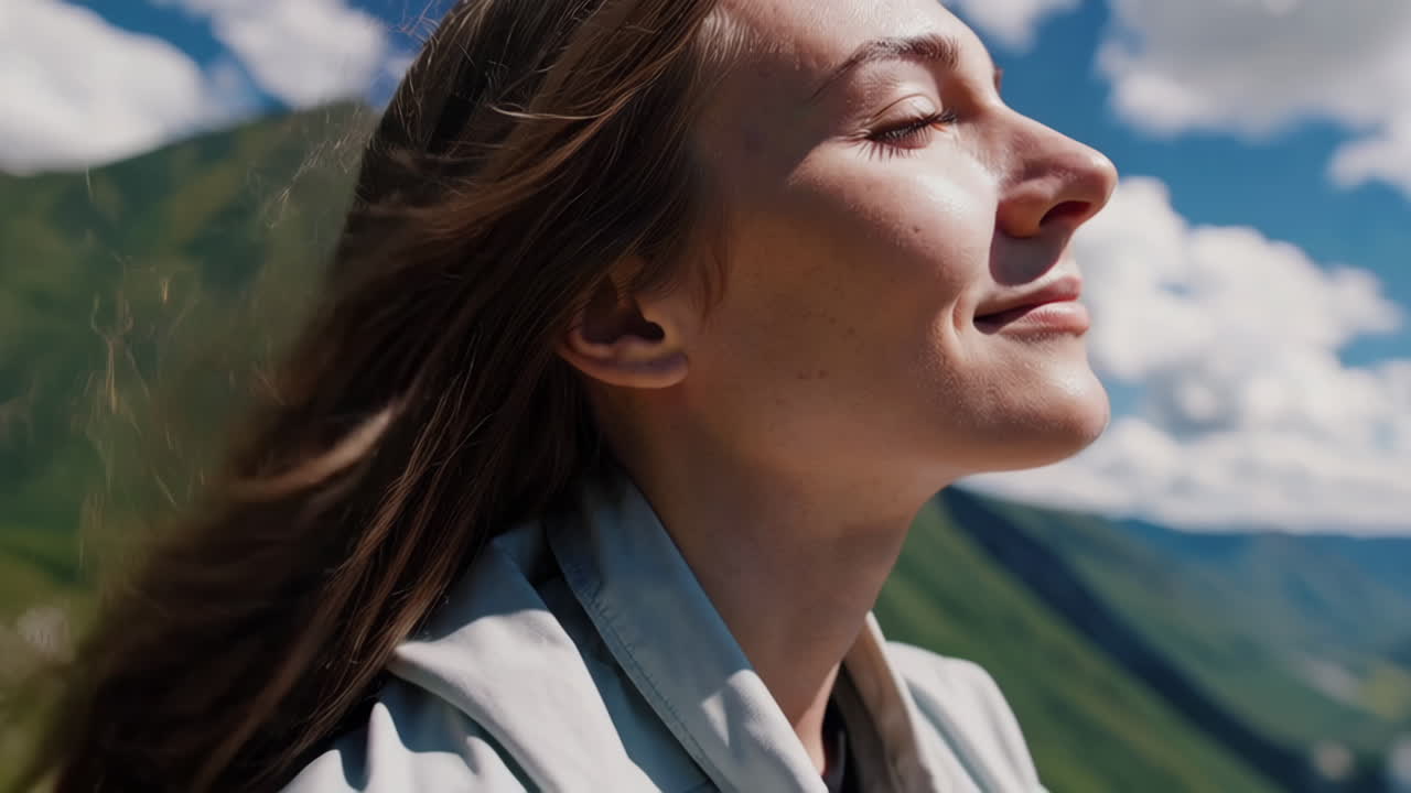 mujer relajándose en las montañas