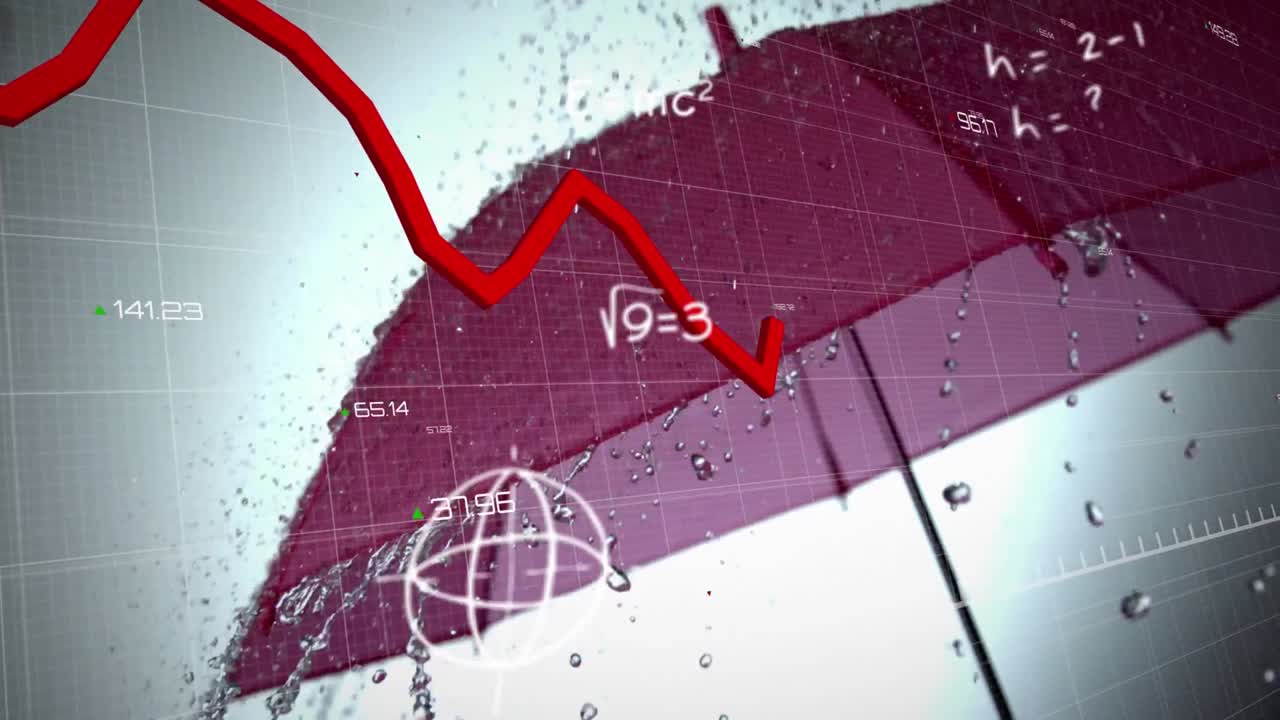 ⁇ 은 그래프와 숫자가 우산 위에 떨어지는 물에 맞서 움직입니다.