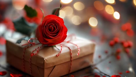 Delicate red rose lying atop kraft wrapped gift, adorned with rustic twine, heart confetti, berries against weathered wooden background with soft blurred lighting