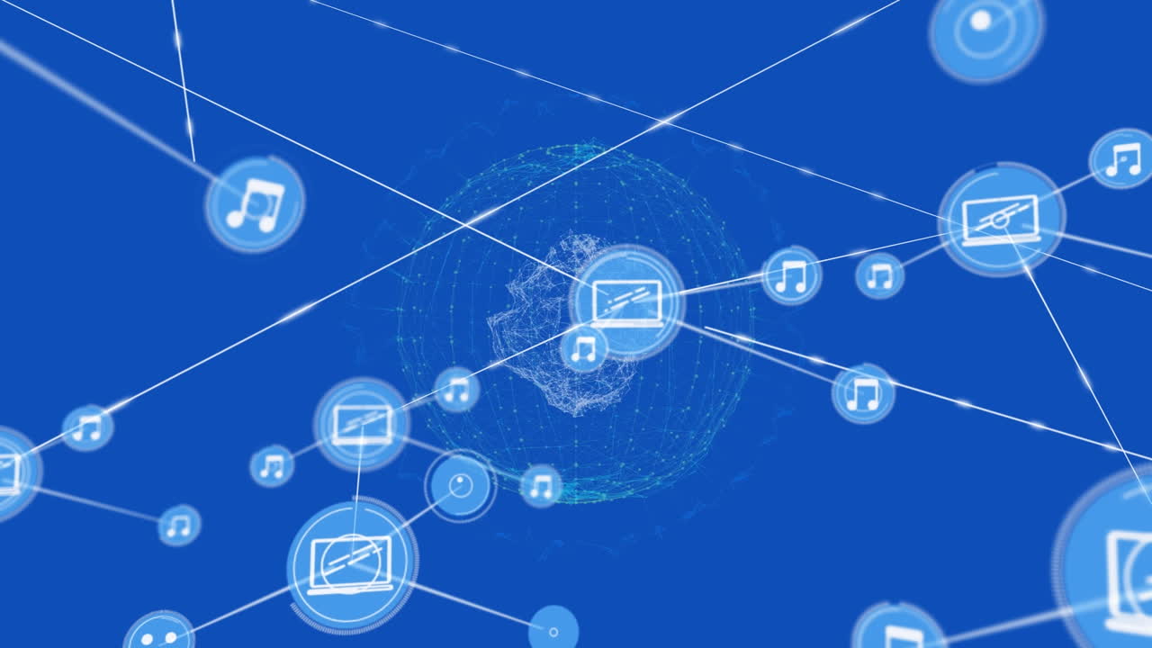 Animation of network of connections with icons over globe