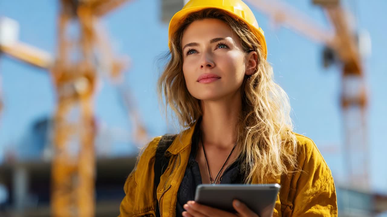 A thoughtful young female construction worker in a vibrant yellow hard hat and work jacket, contemplating her next steps on a construction site while holding a tablet amidst cranes and scaffolding in the background