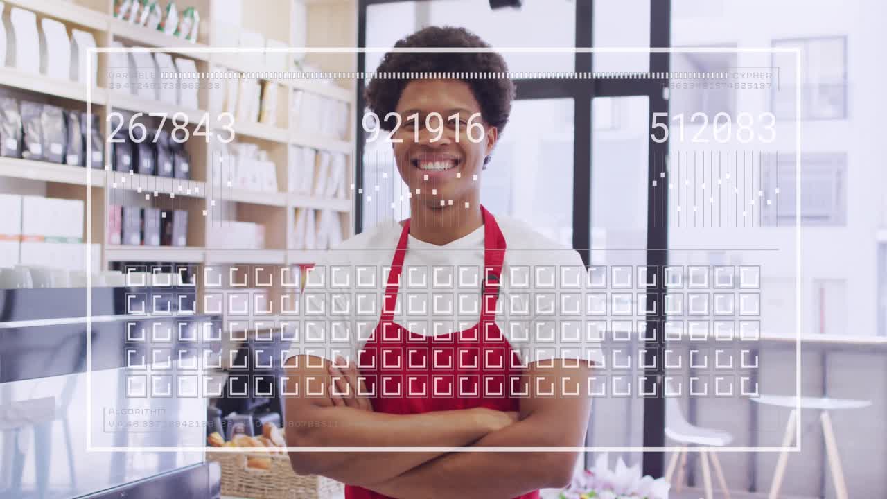 Animation of numbers and data processing over biracial man working in shop