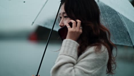 woman talking on phone under umbrella by the lake on a rainy day