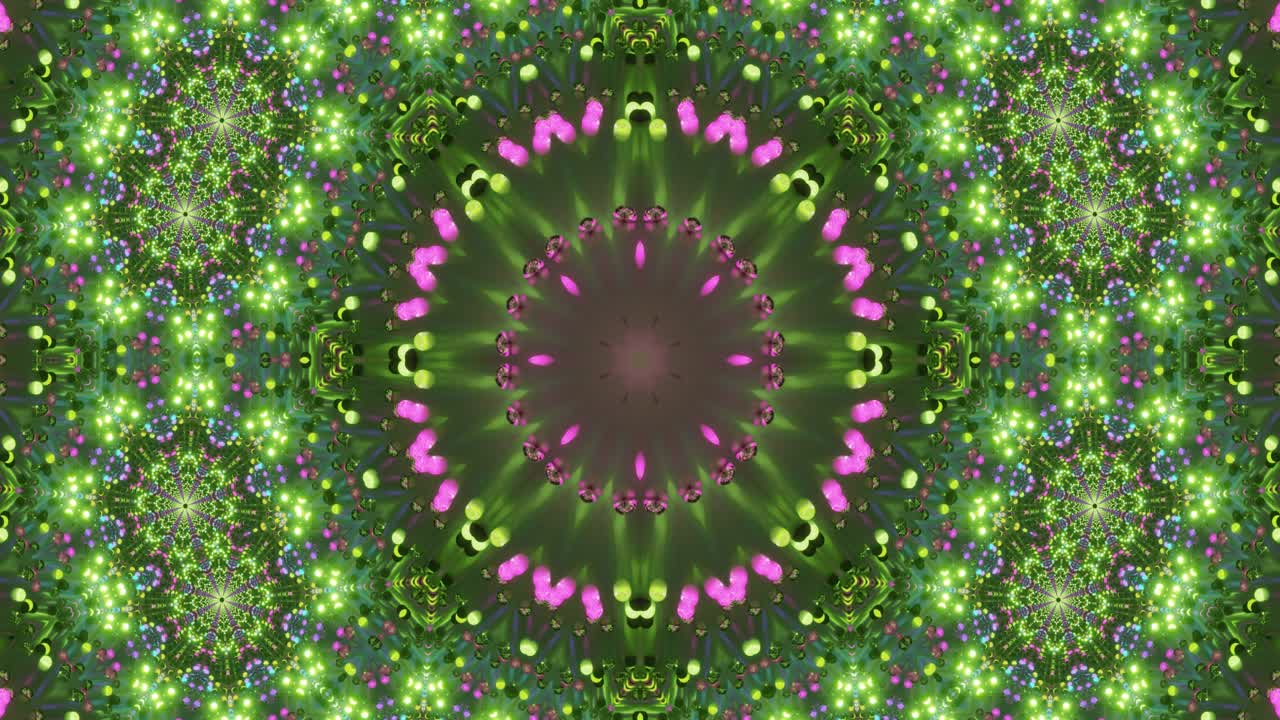 Vibrant pink and green patterns form a mesmerizing kaleidoscopic design that seamlessly loops, creating an engaging visual experience suitable for screensavers or VJ performances