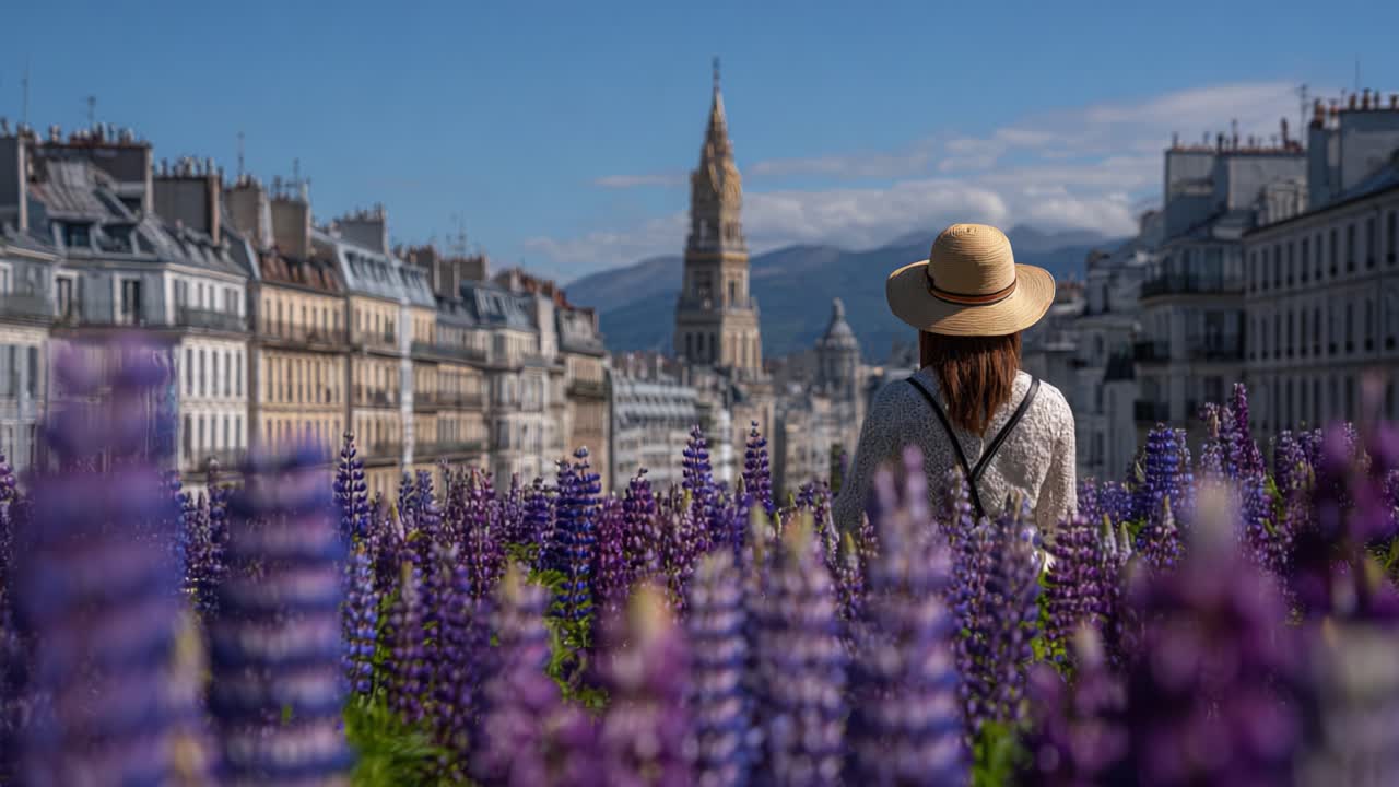 A Serene View of a City Skyline Blooming with Violet Flowers Under a Clear Blue Sky, Featuring a Woman in a Hat Admiring the Scenery
