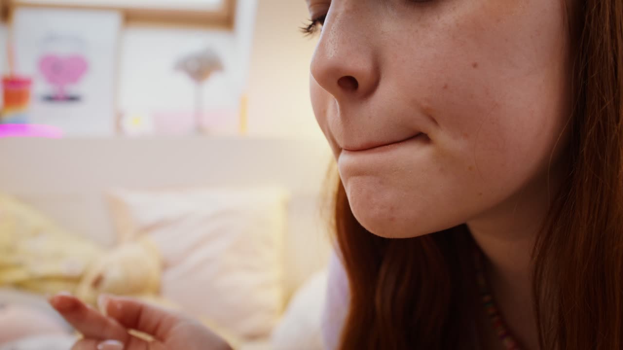 una adolescente aplicando lápiz labial