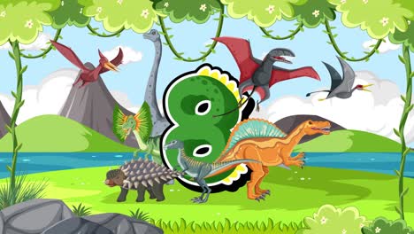 jungle landscape with dinosaurs and number 8