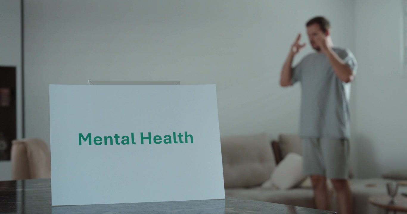 Man experiencing anxiety at home with a mental health awareness concept. Ideal for stress, wellbeing, and emotional health topics.