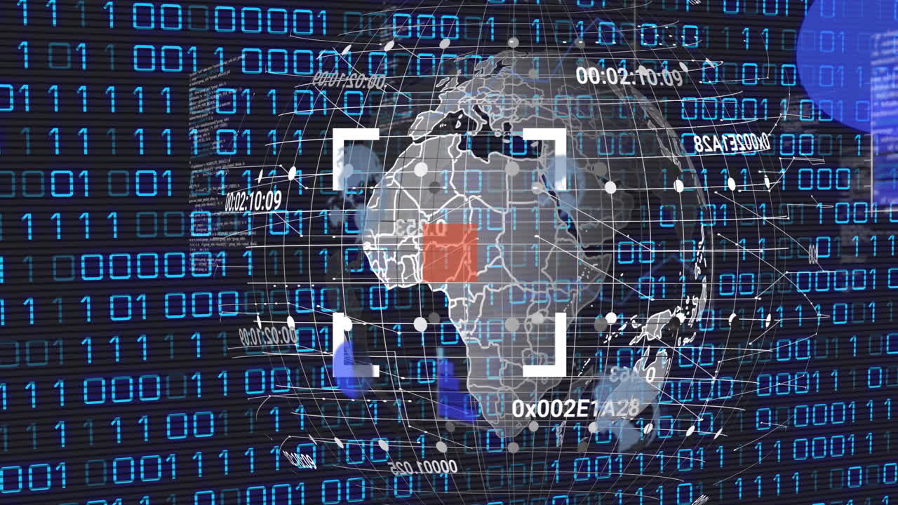 블랙 백그라운드에서 데이터 프로세싱과 바이너리 코딩을 통해 지구와 스캐너의 애니메이션