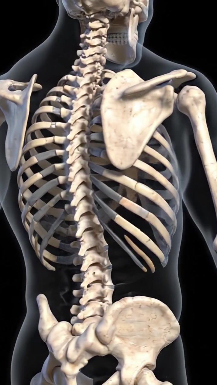 Anatomical Display of the Human Skeleton: Detailed Views of the Rib Cage, Spine, and Pelvis in a Visually Striking X-Ray Perspective