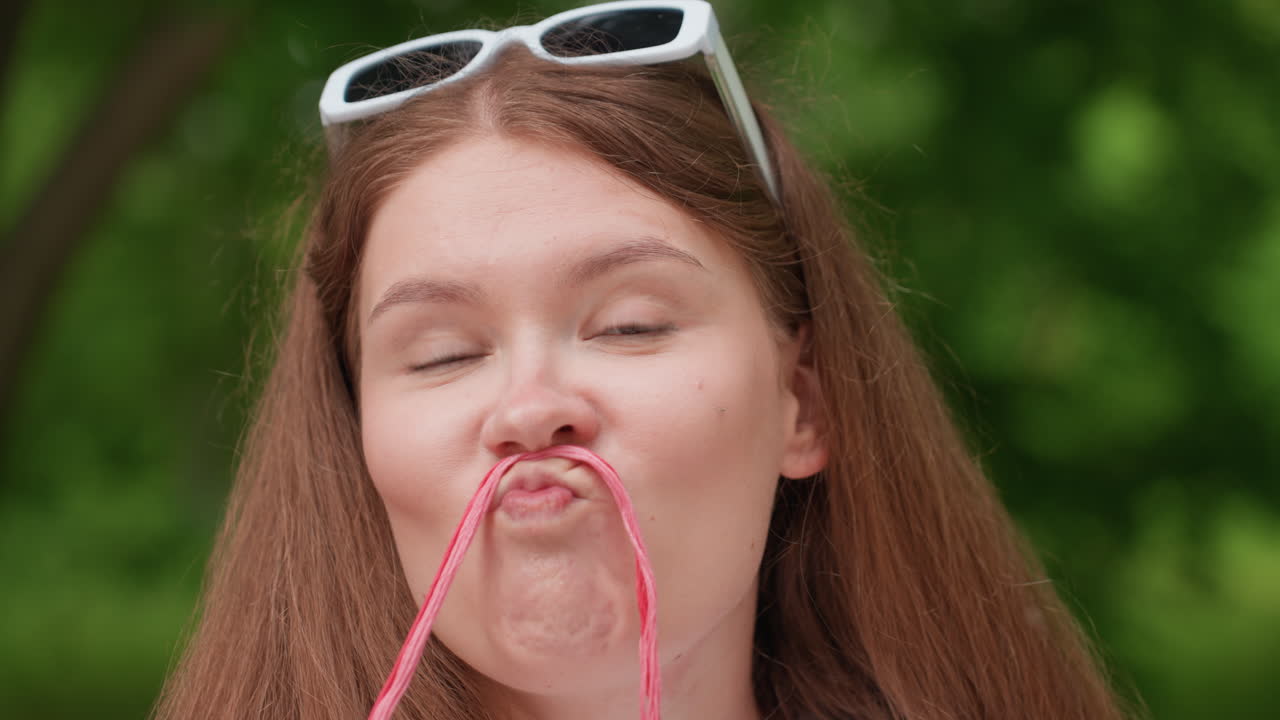 Close up of funny student holding pink thread under nose pretending mustache while turning eyes upward in playful expression, sitting on park bench surrounded by soft greenery