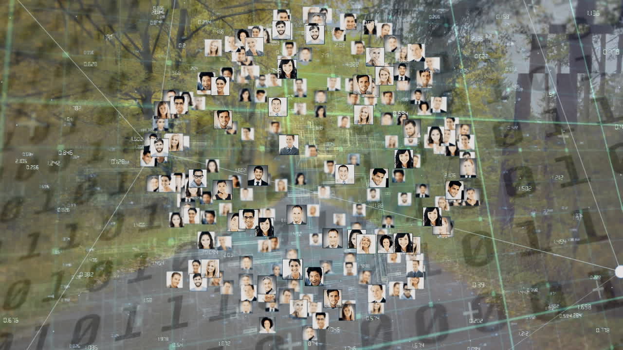 데이터 처리를 통해 사람들의 사진을 가진 연결 네트워크의 애니메이션