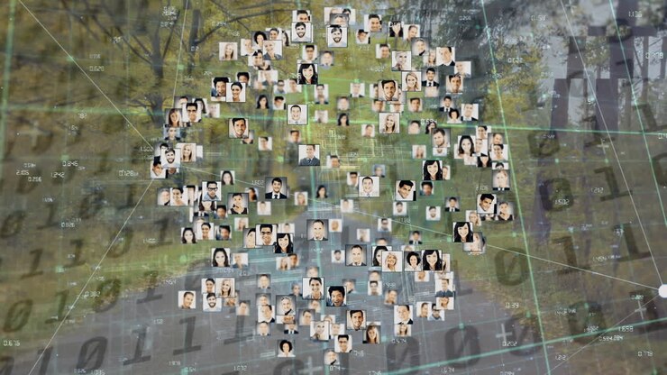 Animation of network of connections with pictures of people over data processing