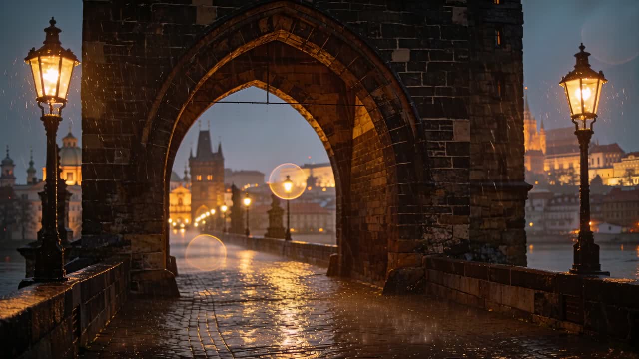 La pioggia che cade, un arco in pietra e lampioni illuminati incorniciano un sentiero di ciottoli bagnato su un ponte, guidando verso le guglie.