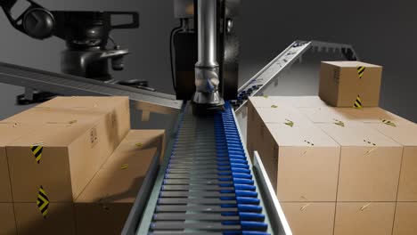 animación 3d de bolígrafos azules bajando por una cinta transportadora en una fábrica