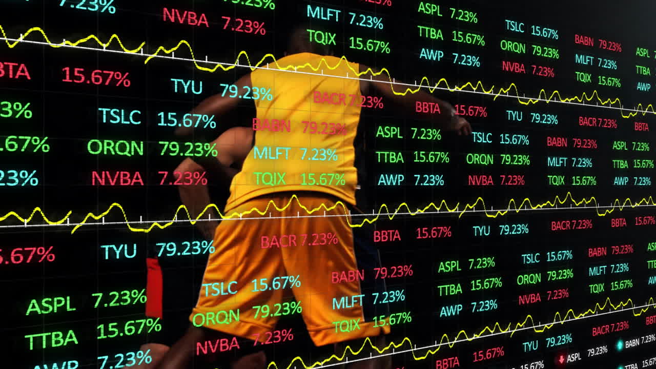Overlaying stock market data and graphs, person in orange clothing analyzing animation