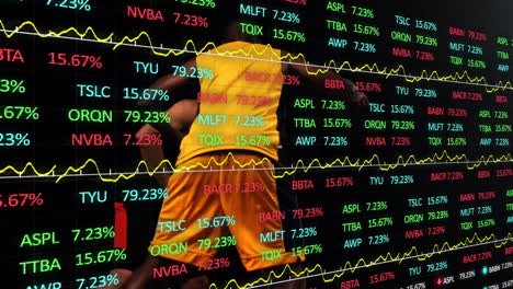 overlaying stock market data and graphs, person in orange clothing analyzing animation