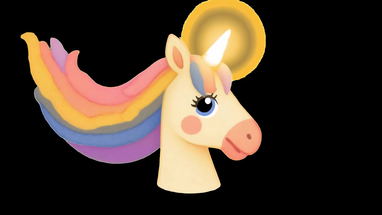 Animated Unicorn Head with Rainbow Mane and Glowing Horn