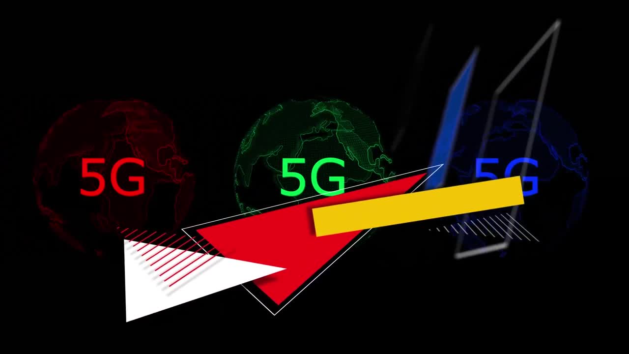 블랙 배경에 있는 지구, 기하학적 모양 및 5g 텍스트의 애니메이션