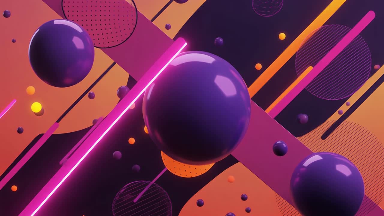 Abstrakt 3D-animation med svævende lilla kugler og neonlinjer.