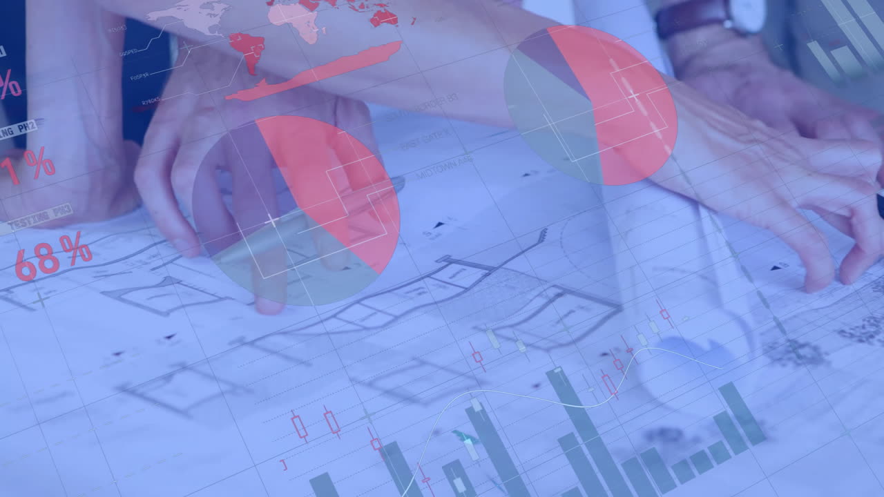 Animation of data processing and diagrams over diverse colleagues discussing project in office