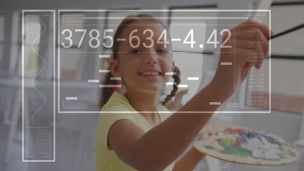 Girls painting with paintbrush and palette on canvases in education studio, adding animated icons