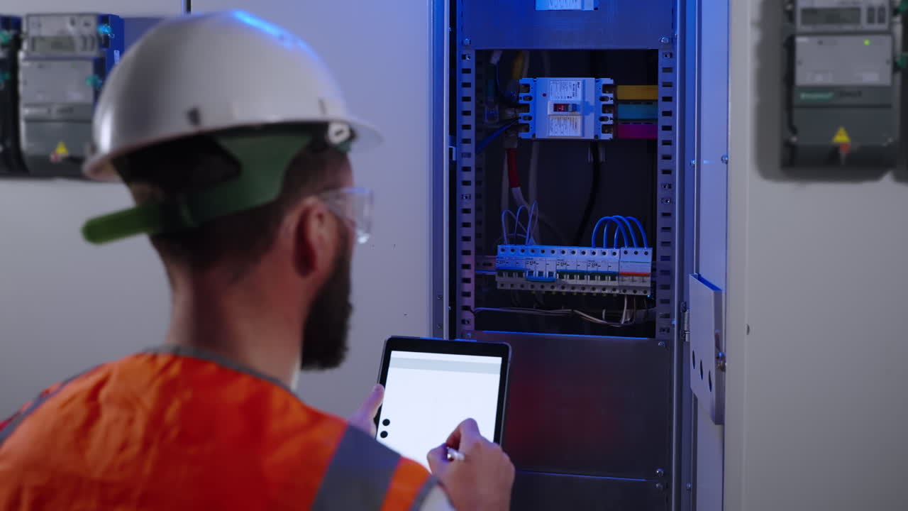 electricista que trabaja en el panel eléctrico