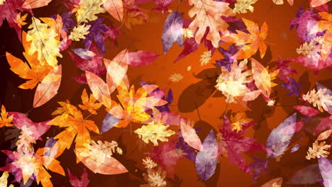 art animation of drawn autumn yellow and purple falling leaves. looped motion graphics. orange background.