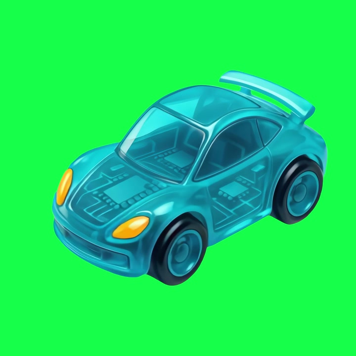Rendering 3D di un'auto sportiva giocattolo blu traslucida in rotazione