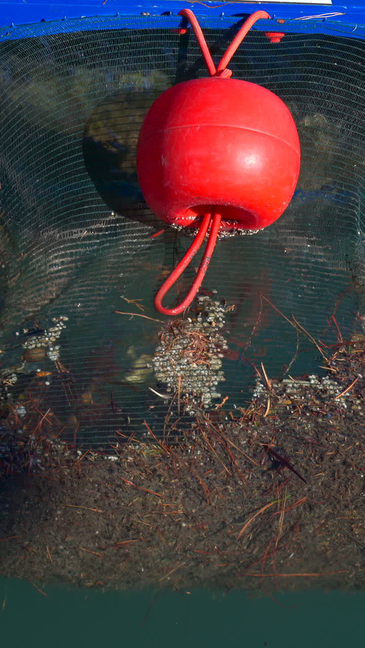 Close up of a floating marine debris collection device in the water. Vertical