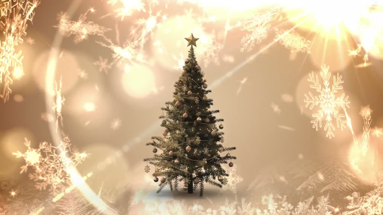 Árvore de Natal e flocos de neve caindo