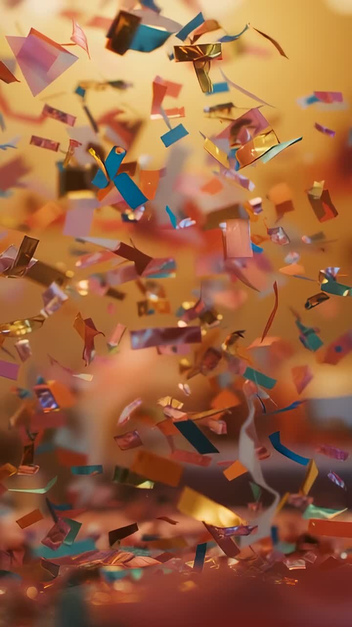 Vertical video: Propelling confetti fluttering and drifting down over table, marking celebration