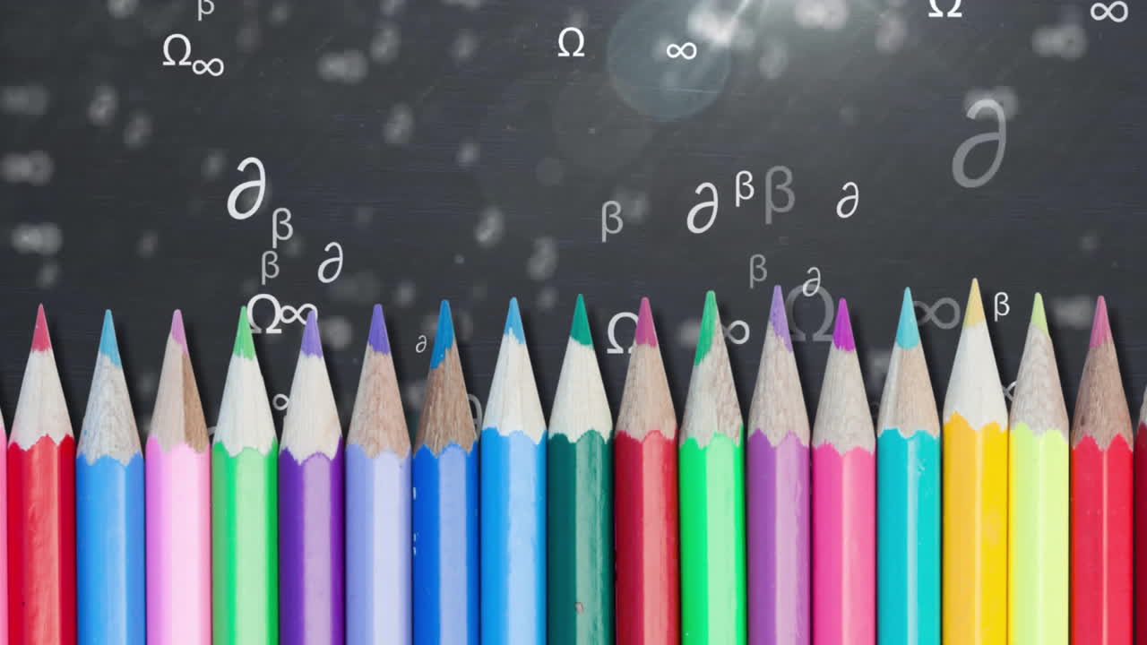 Animation of mathematical symbols and pencils on black background