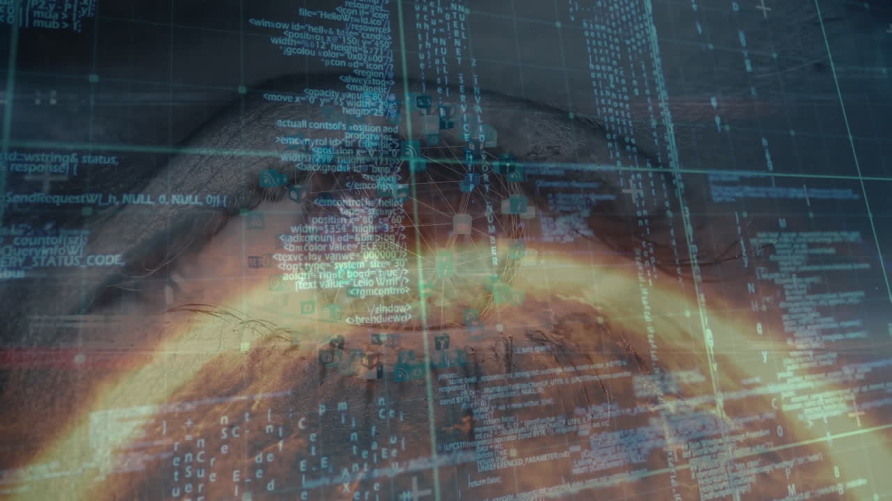 animación del procesamiento de datos y el ojo sobre el globo sobre fondo azul