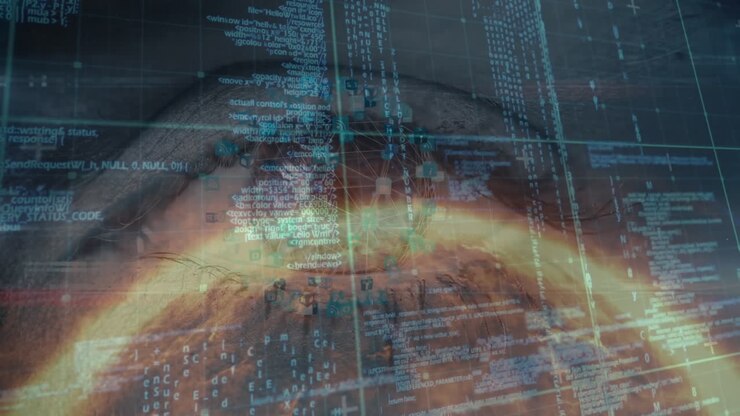 Animation of data processing and eye over globe on blue background