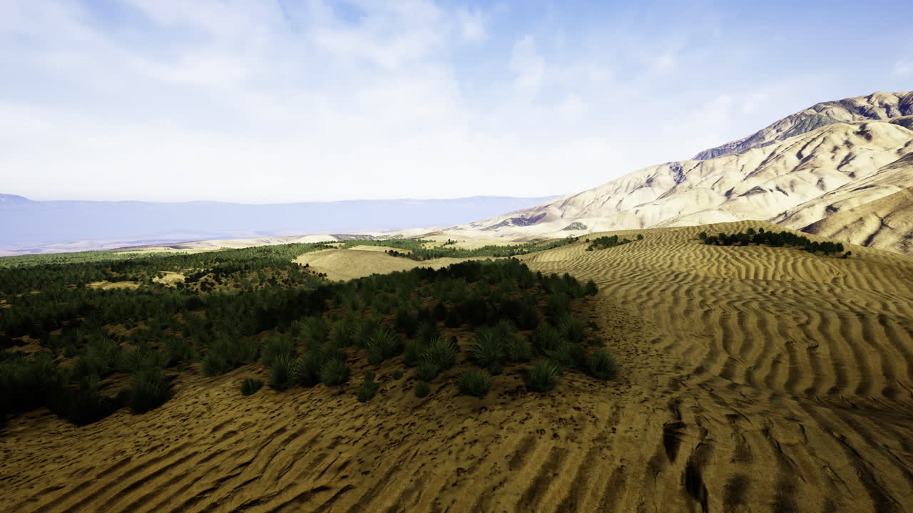 Expansive desert landscape meets rugged mountains in serene wilderness