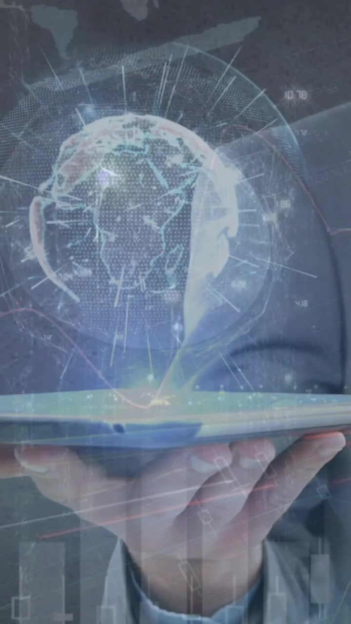 Animazione di un globo ed elaborazione dati su un uomo d'affari che usa un tablet